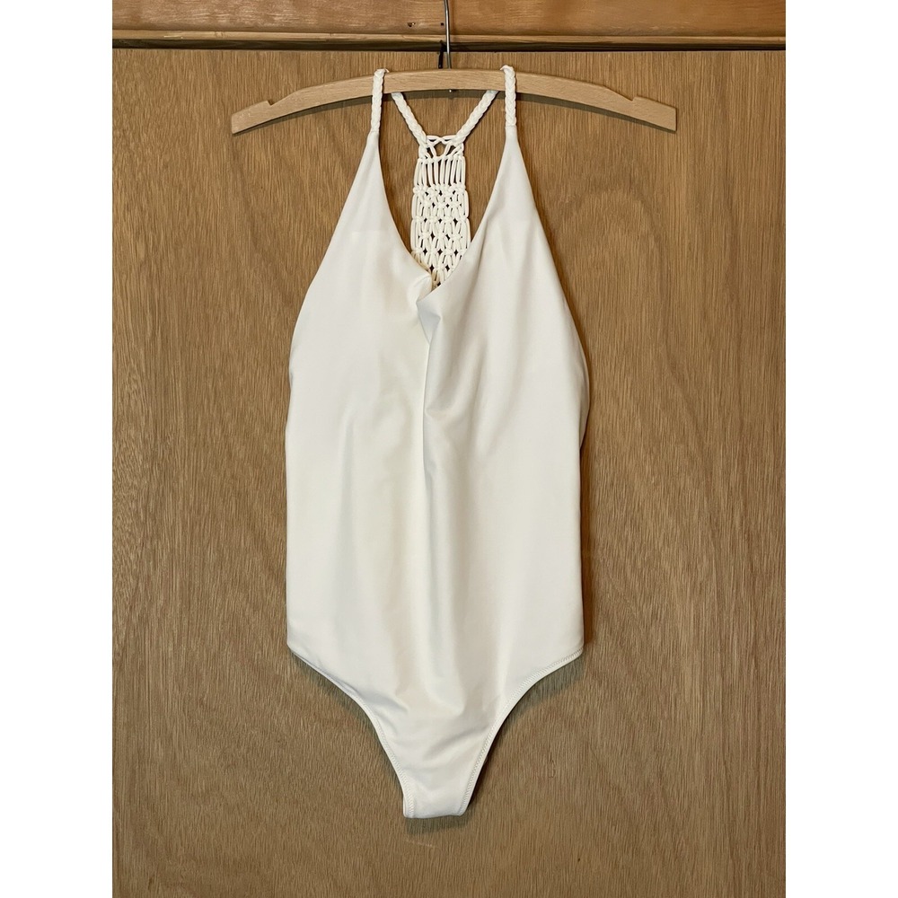 Aerie Women Medium Macrame Halter Top One Piece Swimsuit White‎